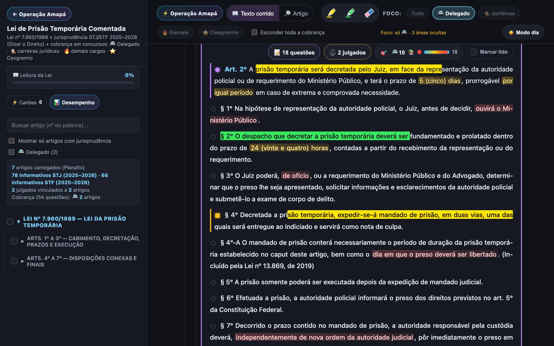 Tela com trechos grifados em amarelo e verde