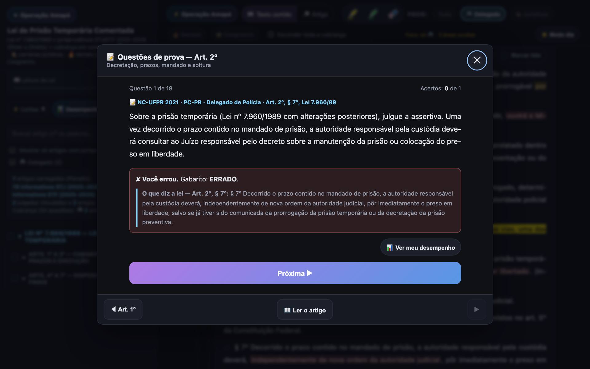 Tela de treino com uma questão real e o gabarito